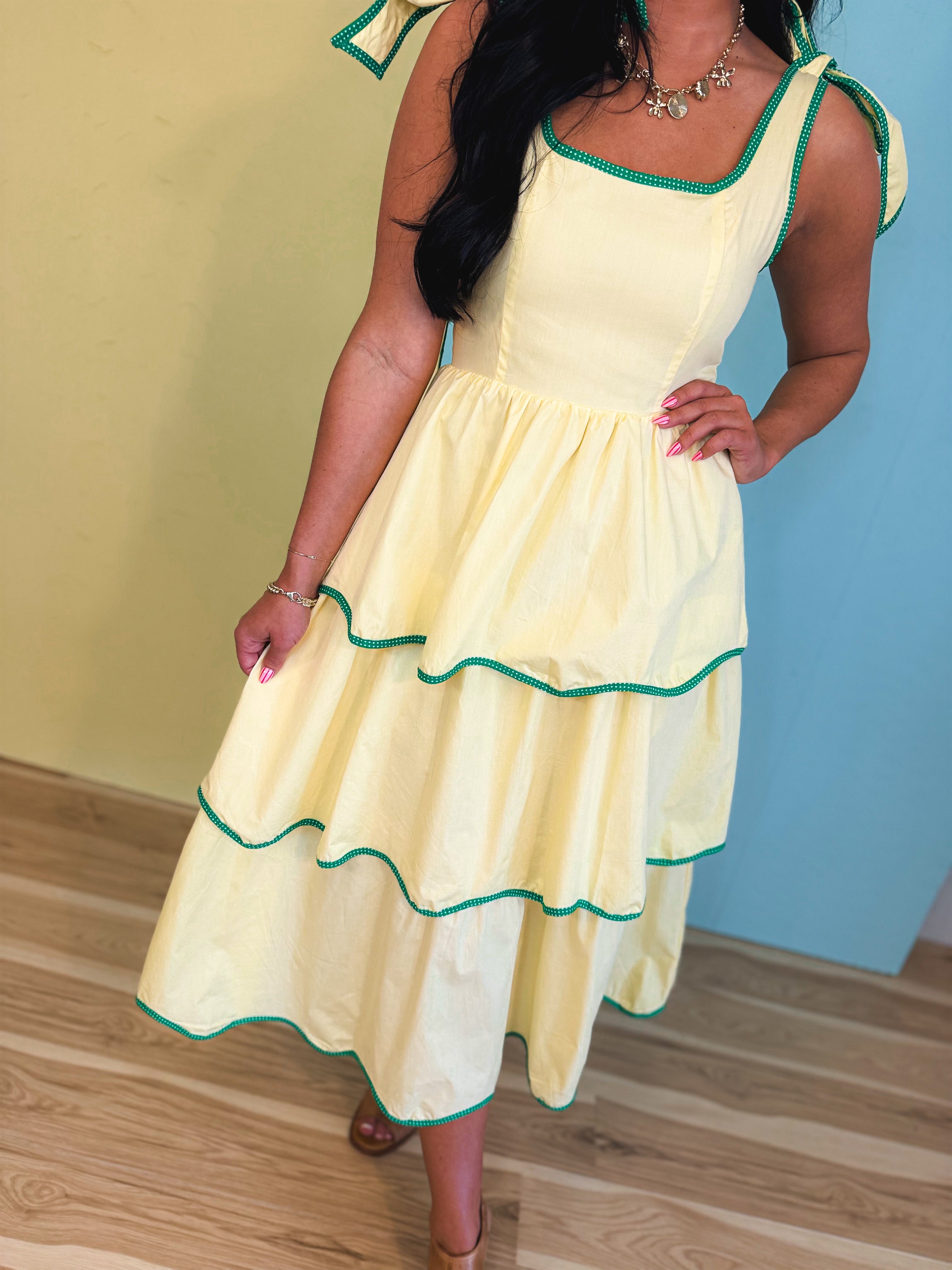 Contrast Binding Tiered Midi Dress - Lemon Cream - Lace and Grace Boutique