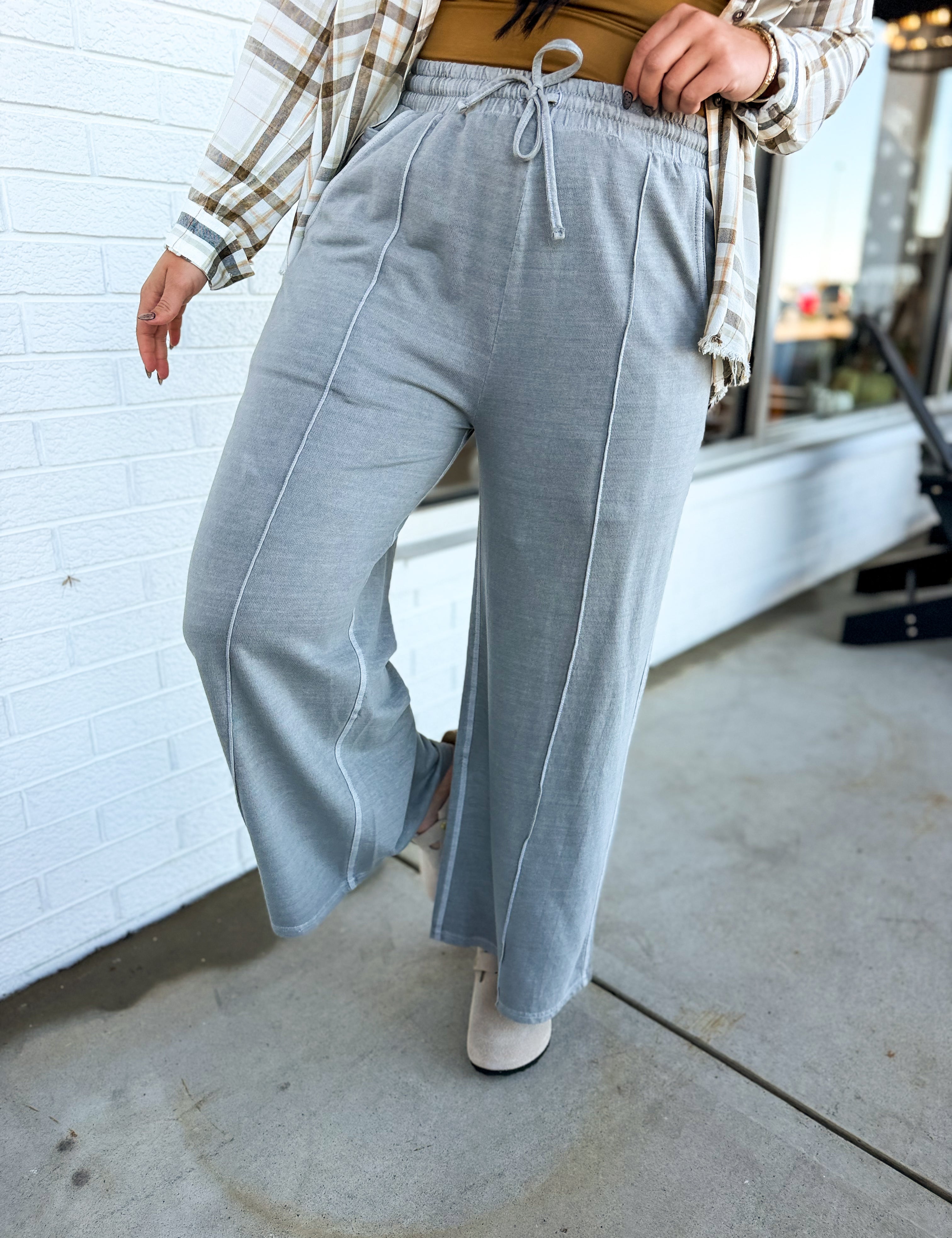 Pigment Wash French Terry Wide Leg Pants - Sleet - Lace and Grace Boutique