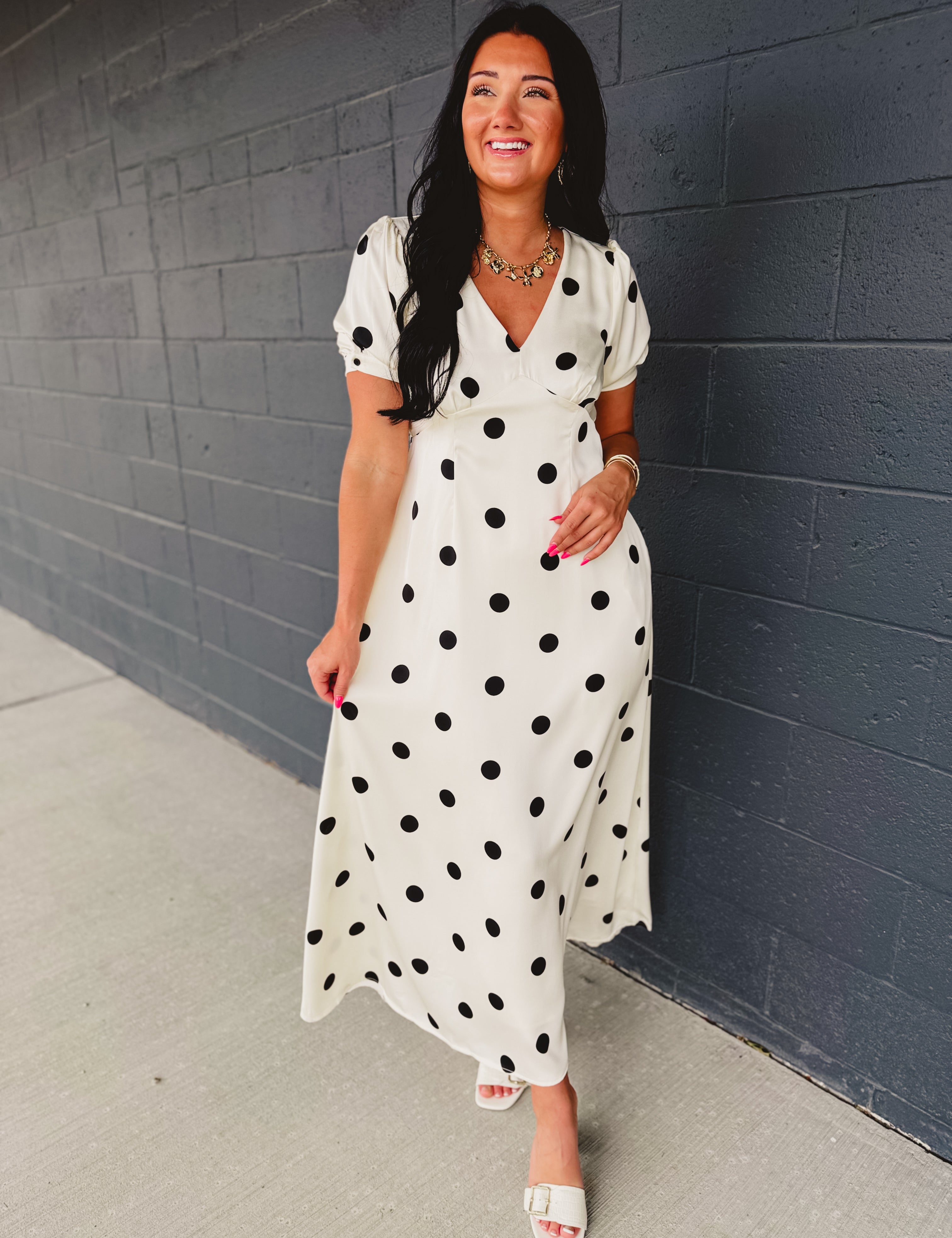 Polka Dot Puff Sleeve Maxi Dress - Cream/Black - Lace and Grace Boutique