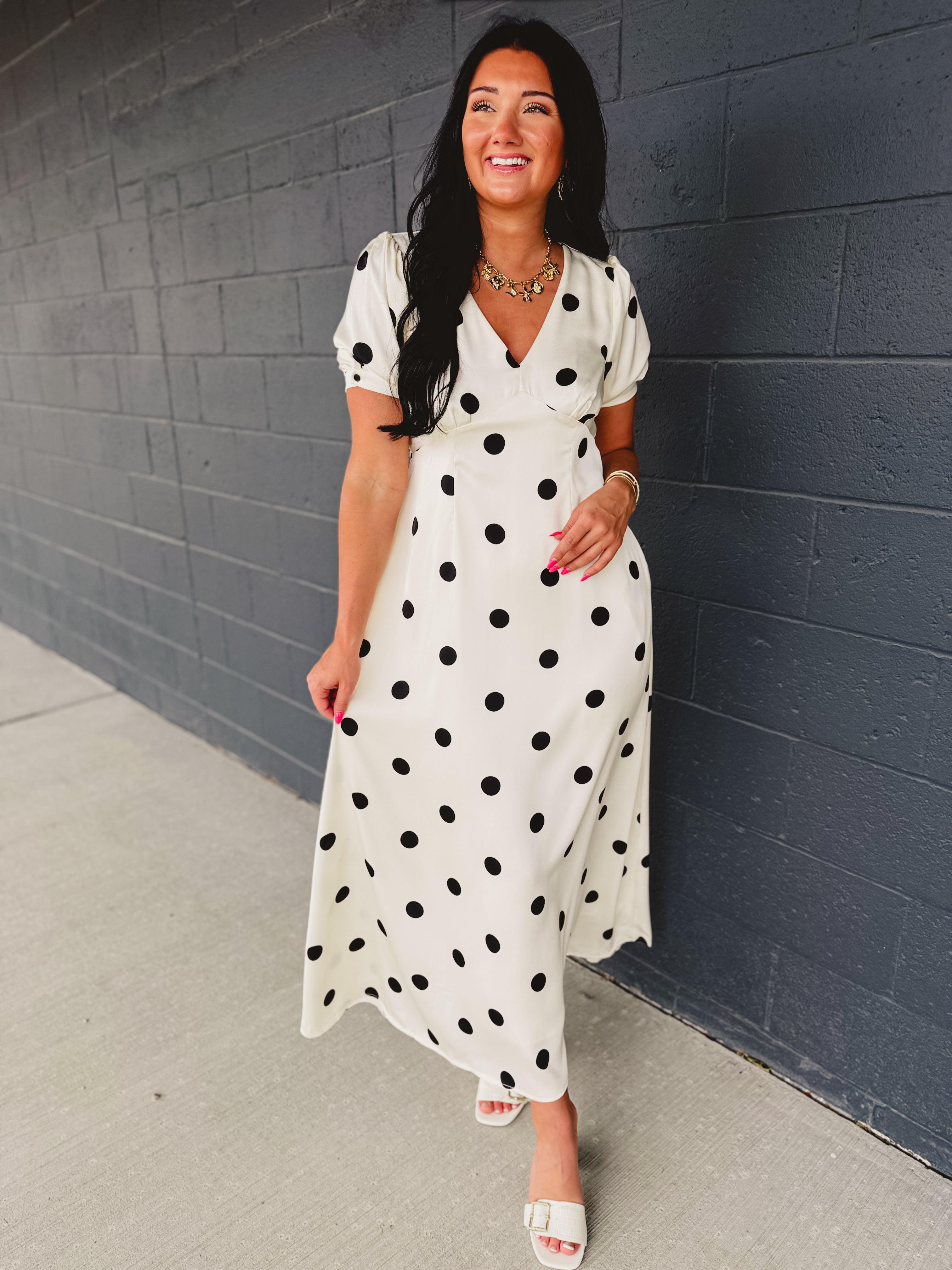 Polka Dot Puff Sleeve Maxi Dress - Cream/Black - Lace and Grace Boutique