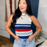 Striped Open Stitch Knit Tank Top - Red/White/Blue - Lace and Grace Boutique