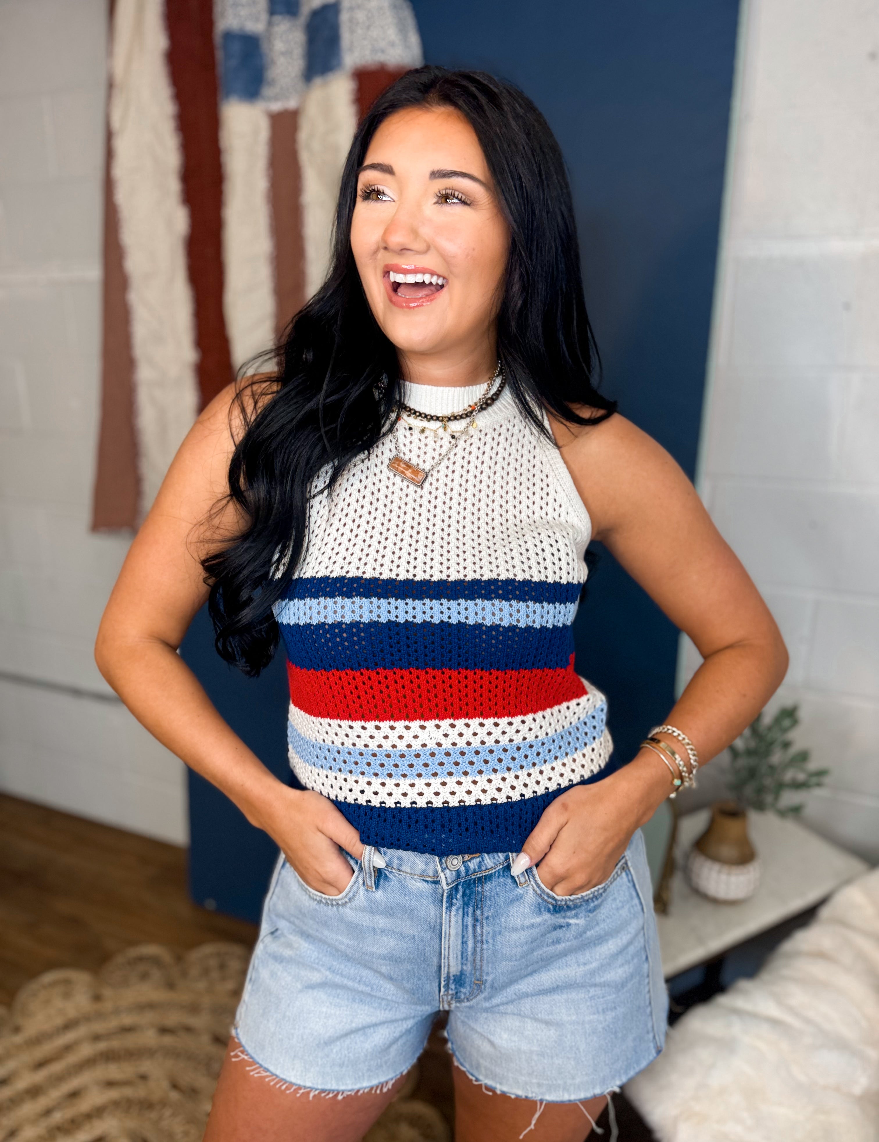 Striped Open Stitch Knit Tank Top - Red/White/Blue - Lace and Grace Boutique