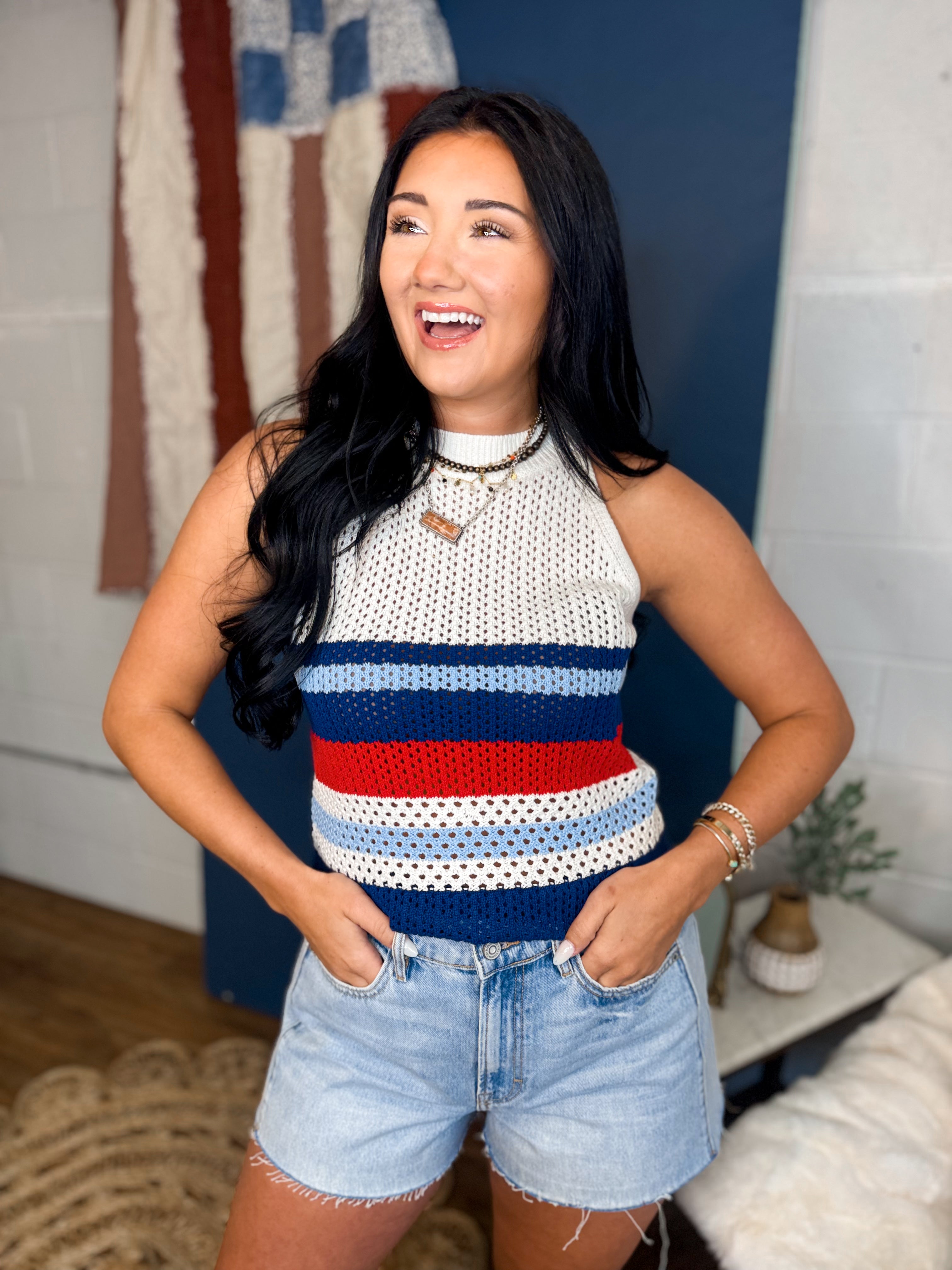 Striped Open Stitch Knit Tank Top - Red/White/Blue - Lace and Grace Boutique