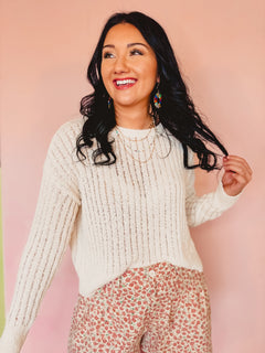 Open Ribbed Knit Sweater - Off White - Lace and Grace Boutique