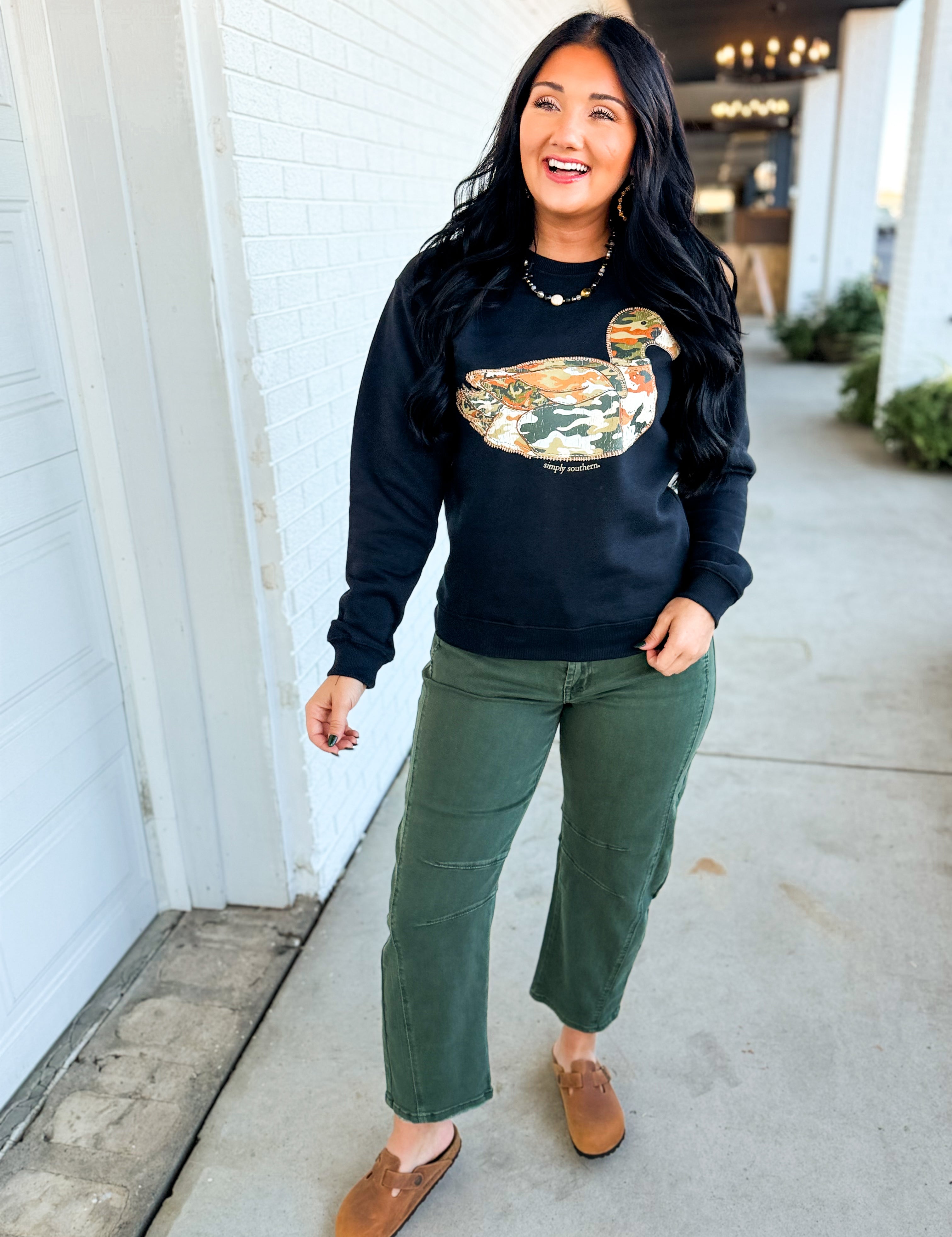 Simply Southern Camo Duck Patch Sweatshirt - Black - Lace and Grace Boutique