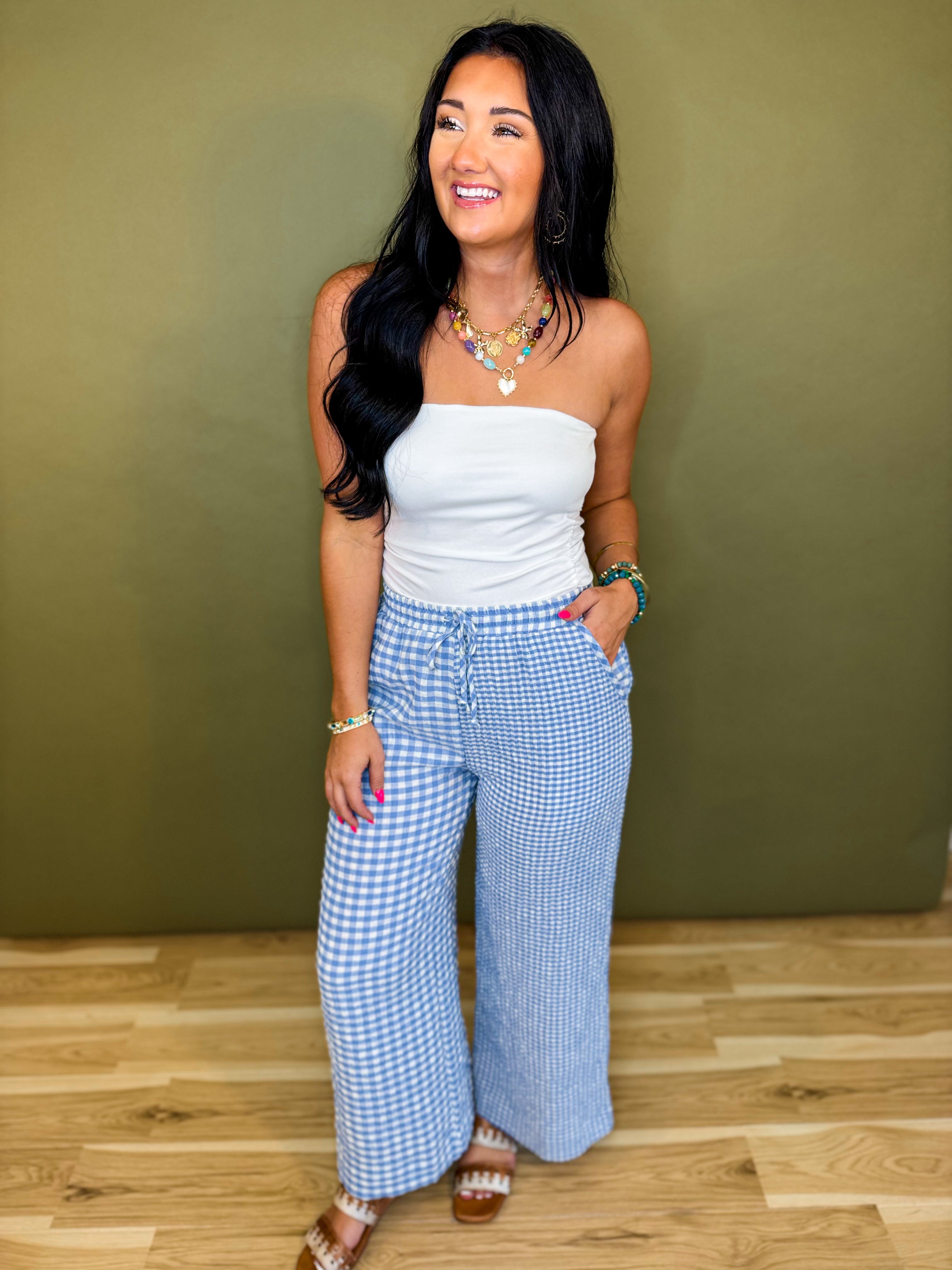 Mixed Gingham Straight Leg Pants - Blue/White - Lace and Grace Boutique