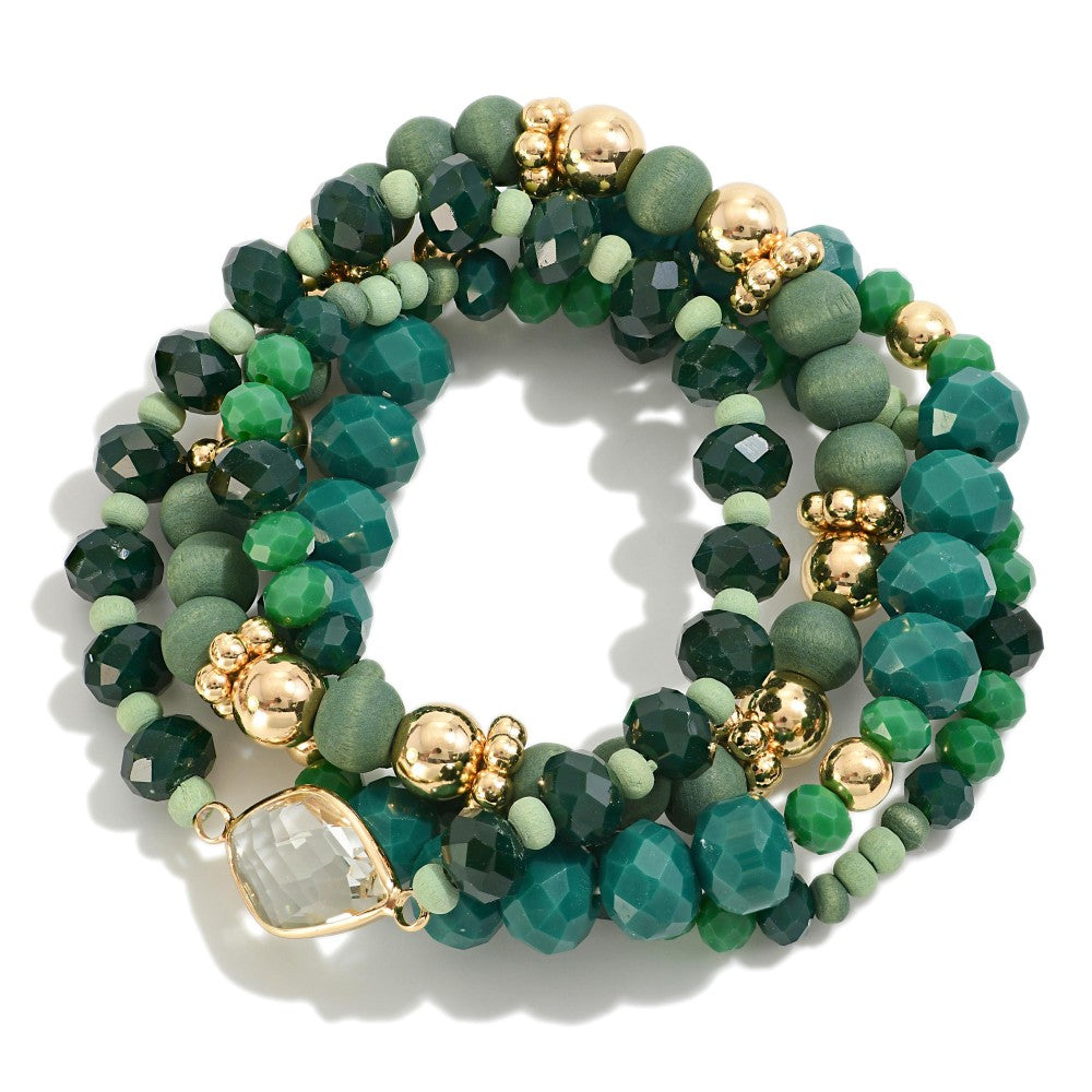 Wood Beaded Stretch Bracelet Set - Green - Lace and Grace Boutique