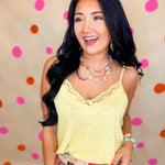 POL Textured Knit Lace Trim Cami Top - Lemon - Lace and Grace Boutique
