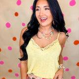 POL Textured Knit Lace Trim Cami Top - Lemon - Lace and Grace Boutique