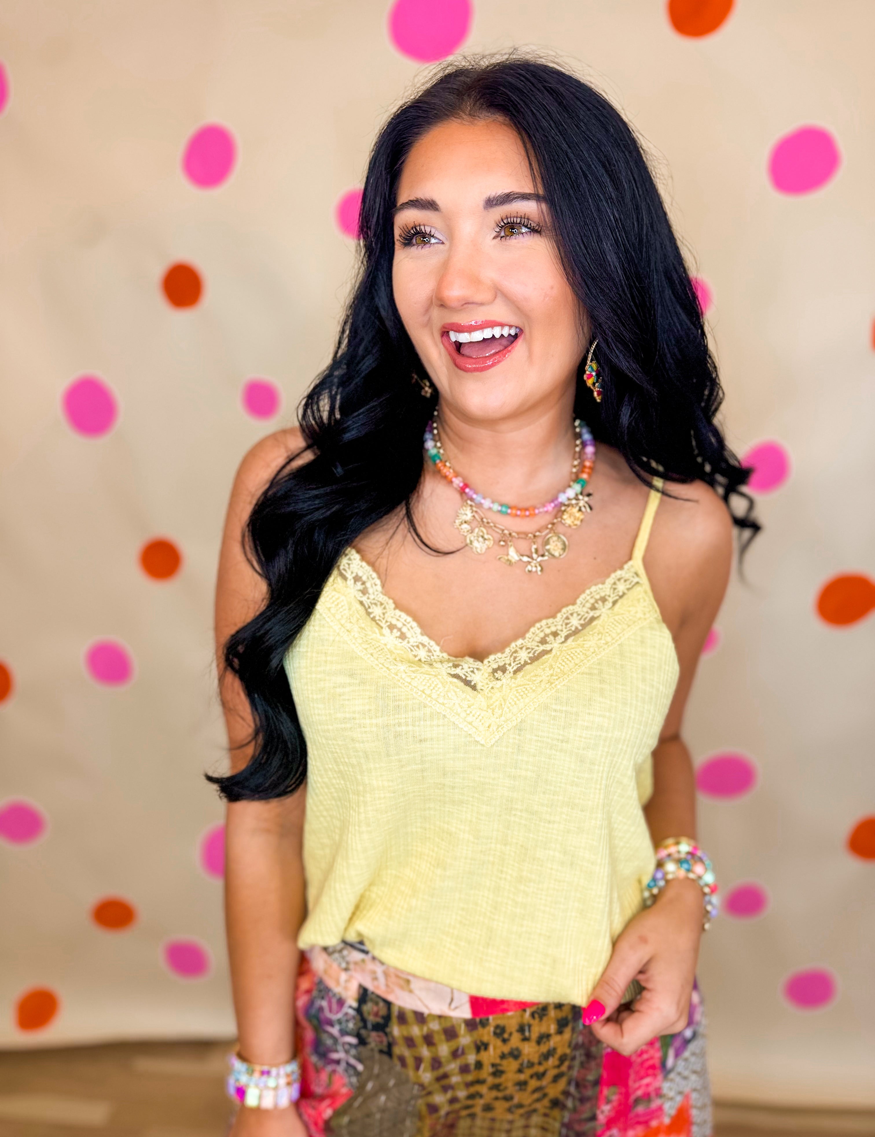 POL Textured Knit Lace Trim Cami Top - Lemon - Lace and Grace Boutique