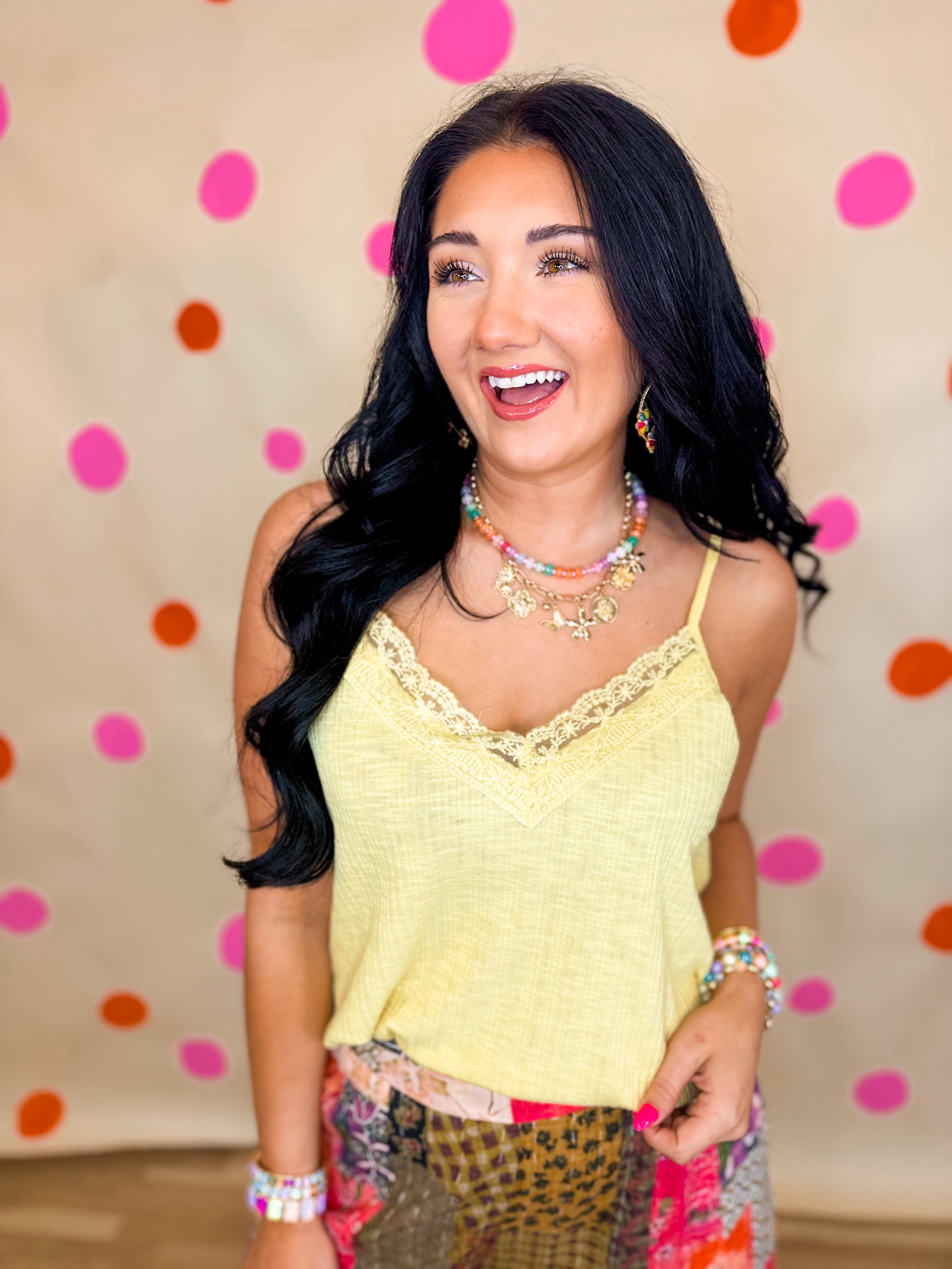 POL Textured Knit Lace Trim Cami Top - Lemon - Lace and Grace Boutique