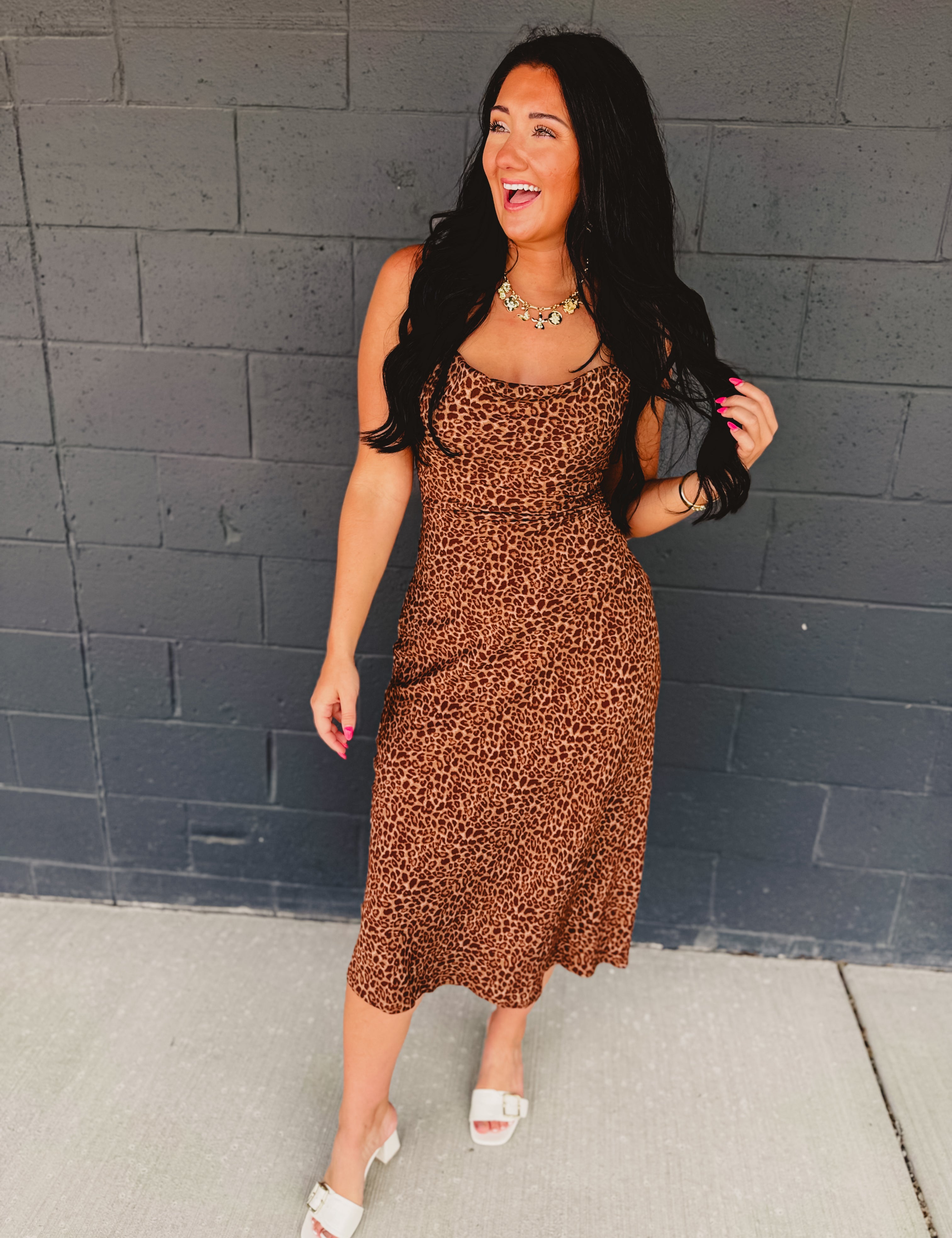 Leopard Print Criss Cross Maxi Dress - Mocha Mousse - Lace and Grace Boutique
