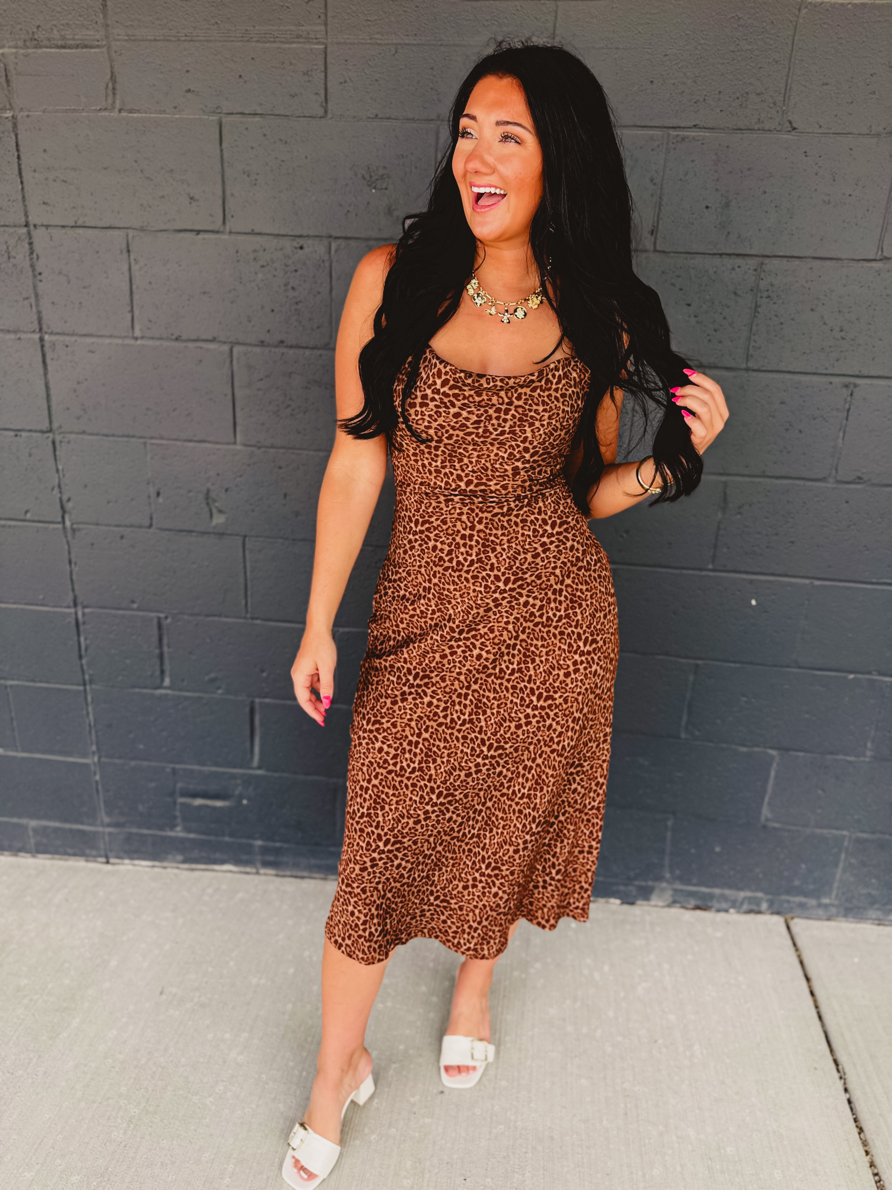 Leopard Print Criss Cross Maxi Dress - Mocha Mousse - Lace and Grace Boutique