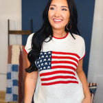 American Flag Short Sleeve Knit Pullover Top - Ivory/Red - Lace and Grace Boutique
