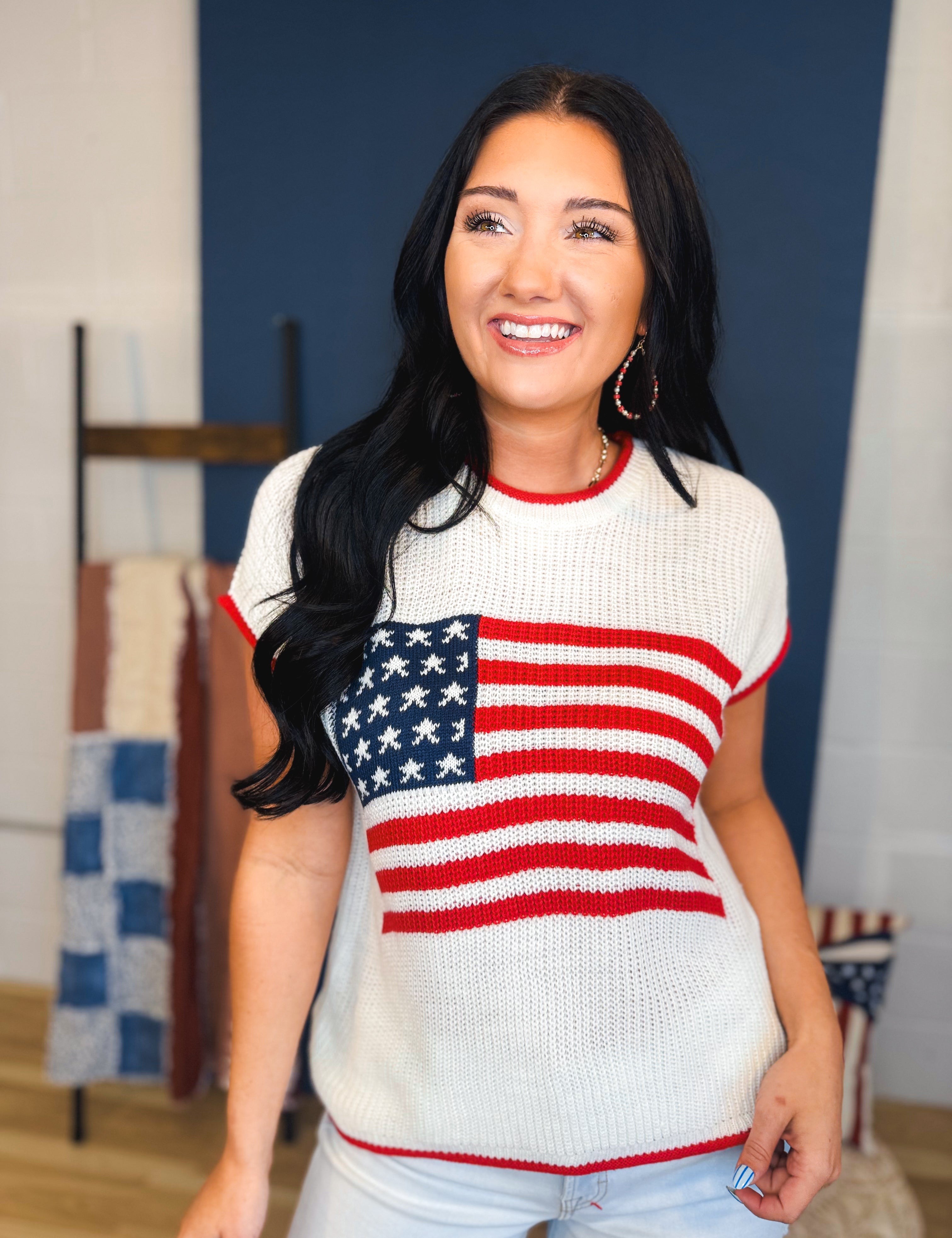 American Flag Short Sleeve Knit Pullover Top - Ivory/Red - Lace and Grace Boutique