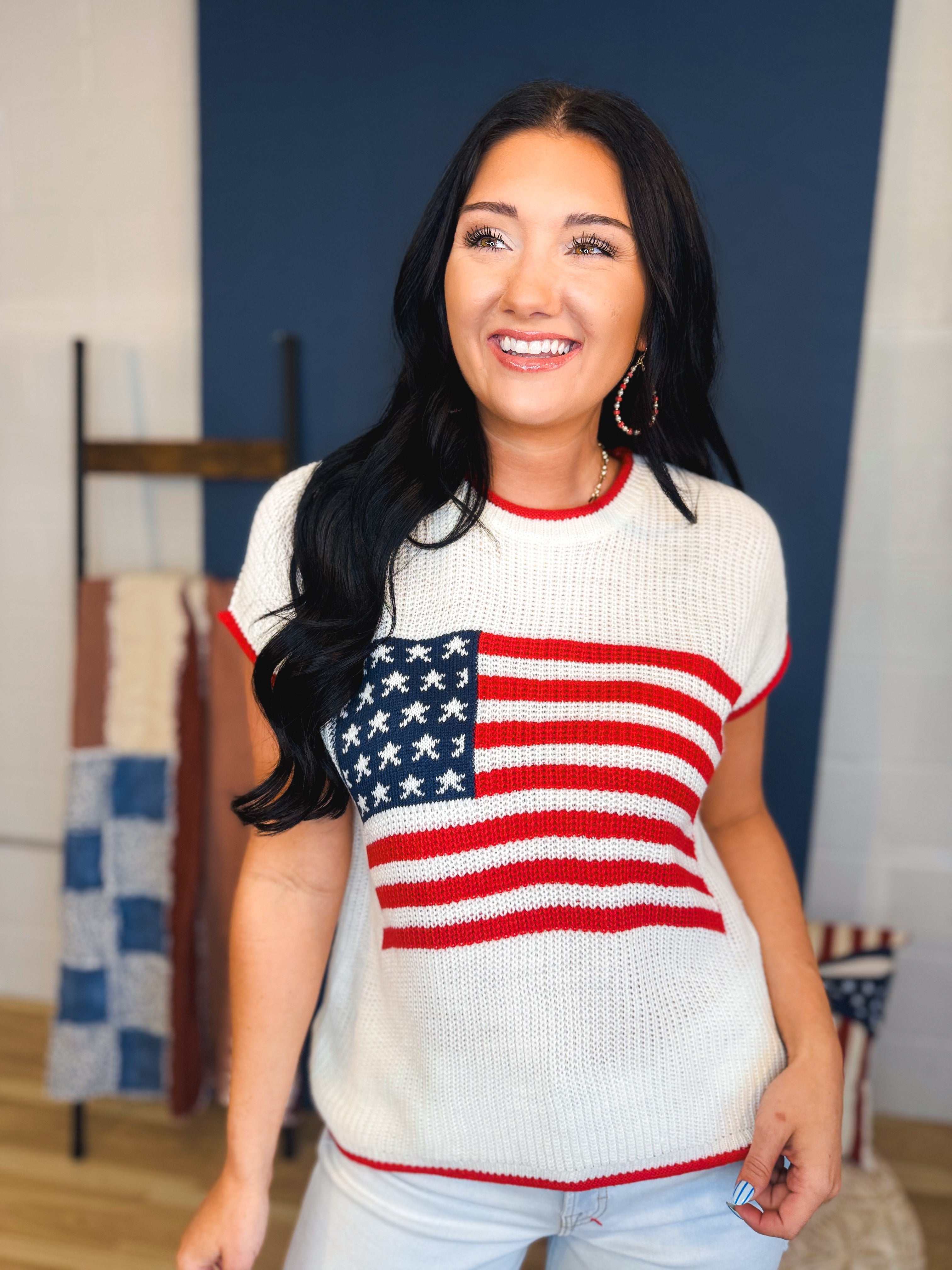 American Flag Short Sleeve Knit Pullover Top - Ivory/Red - Lace and Grace Boutique