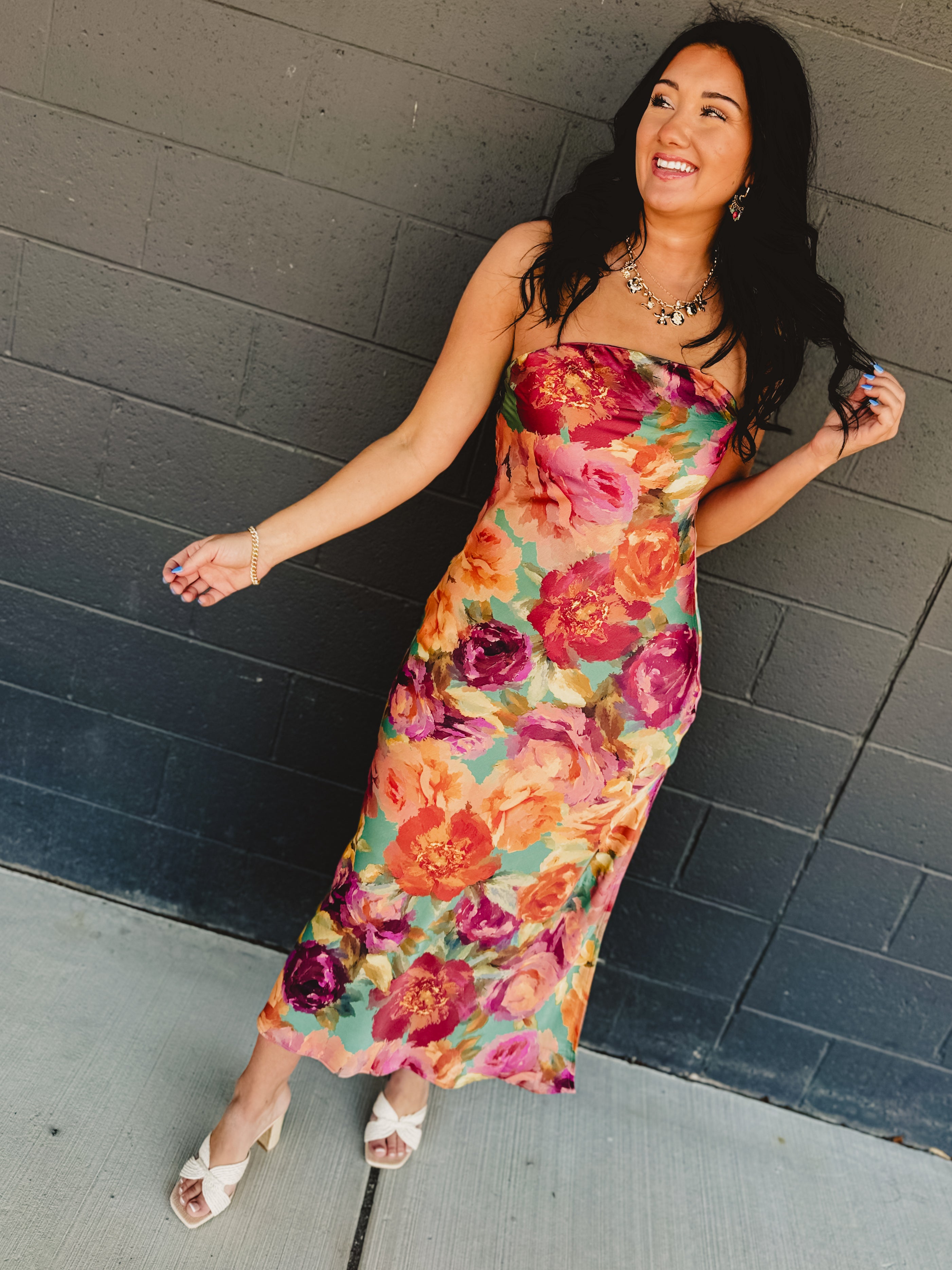 Strapless Bias Cut Satin Maxi Dress - Parisian Floral - Lace and Grace Boutique