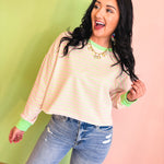 Striped French Terry Long Sleeve Cropped Top - Pink/Mint - Lace and Grace Boutique