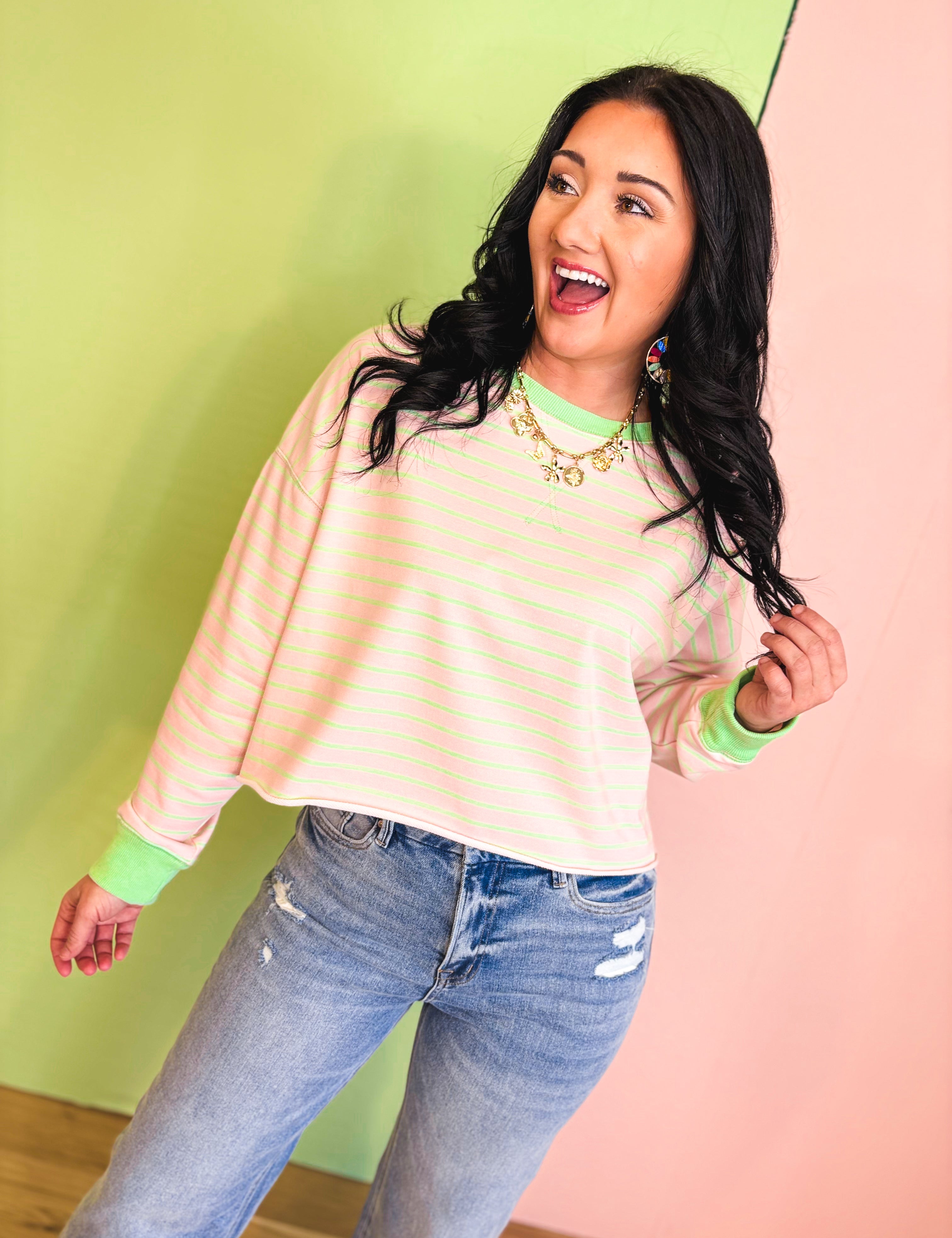 Striped French Terry Long Sleeve Cropped Top - Pink/Mint - Lace and Grace Boutique