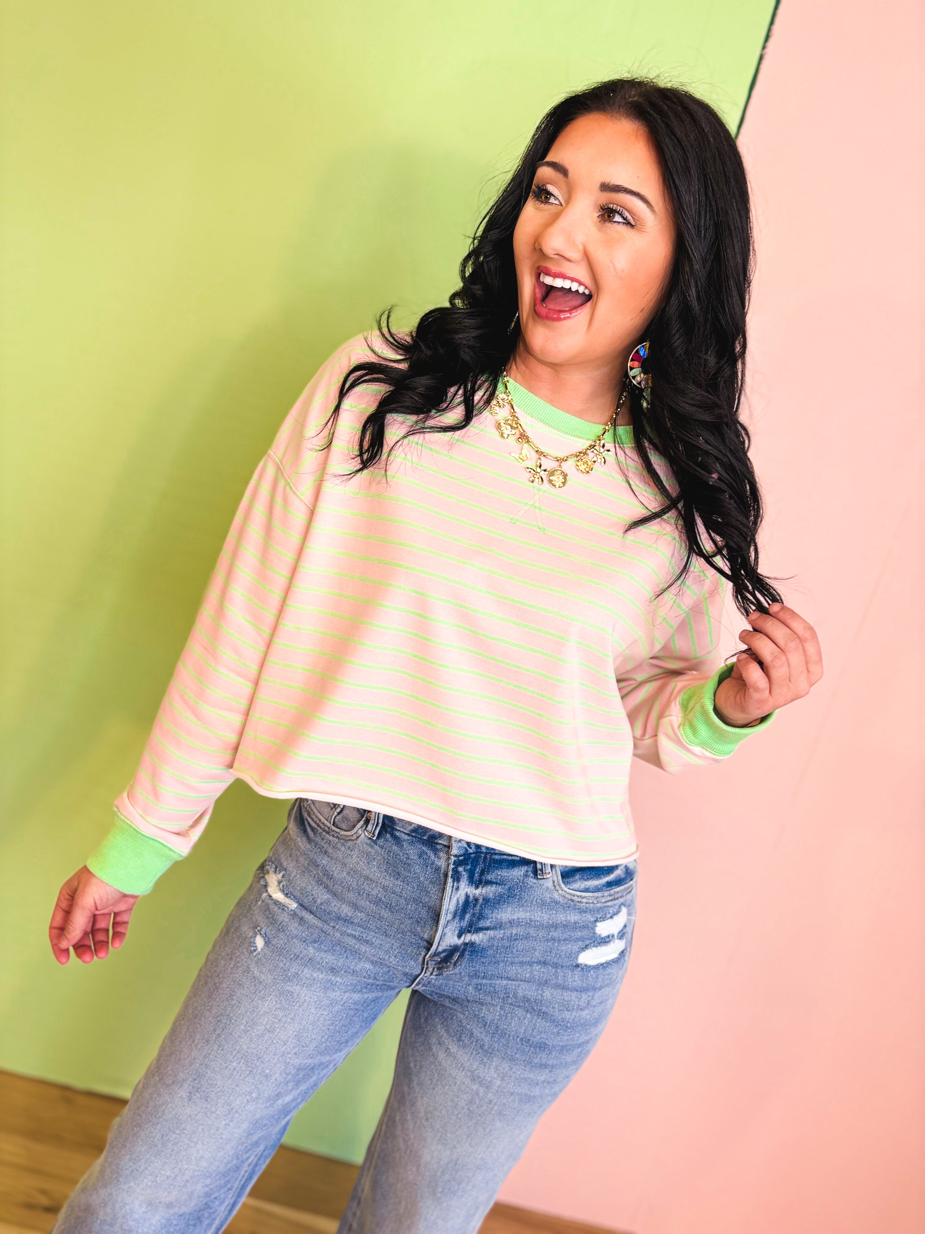 Striped French Terry Long Sleeve Cropped Top - Pink/Mint - Lace and Grace Boutique