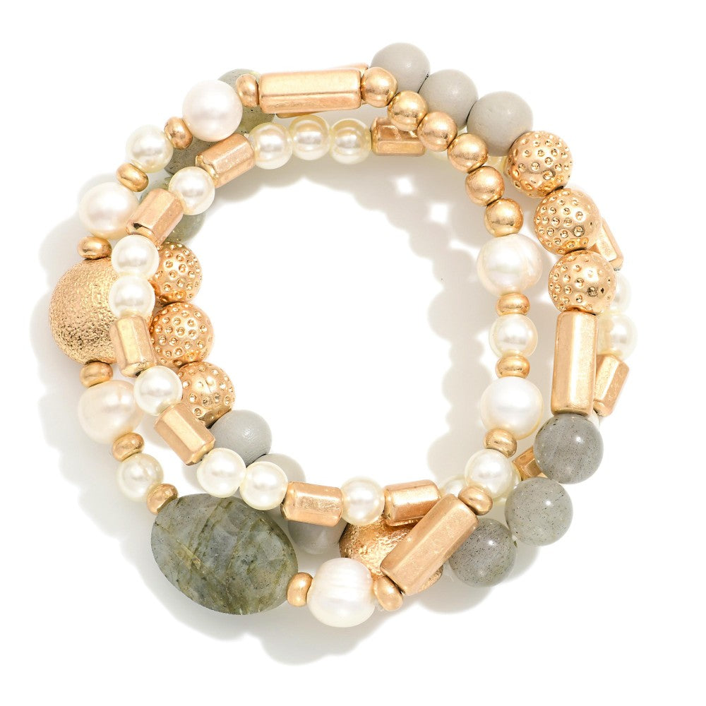 Set of 3 Beaded Bracelets - Grey/Gold - Lace and Grace Boutique
