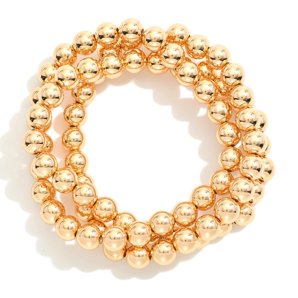 Metal Tone Beaded Stretch Bracelet Set - Gold - Lace and Grace Boutique