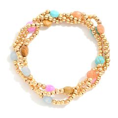 Stone Accent Gold Beaded Bracelets, Set of 3 - Lace and Grace Boutique