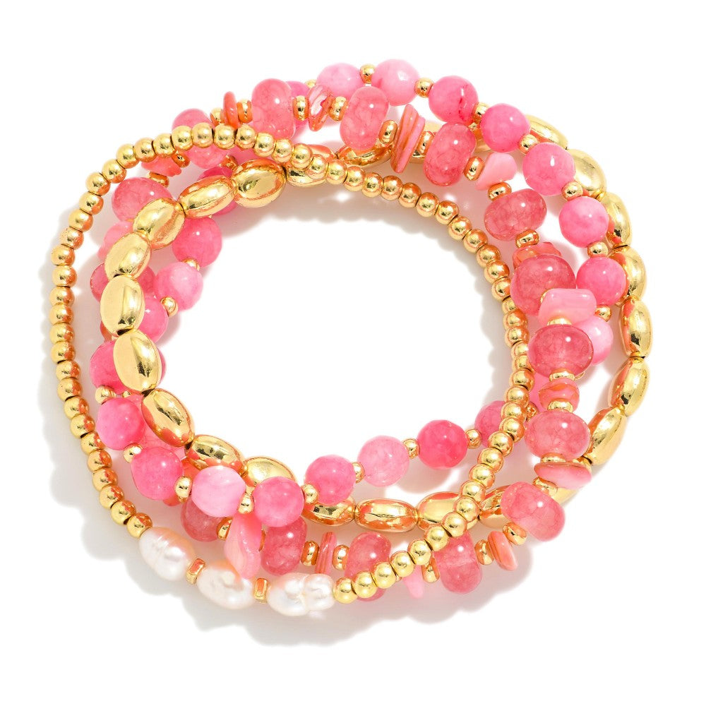 Set of 4 Stone & Gold Beaded Bracelets - Pink - Lace and Grace Boutique