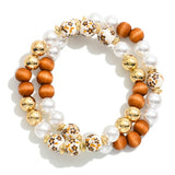 Wood & Pearl Beaded Stretch Bracelets, Set of 2