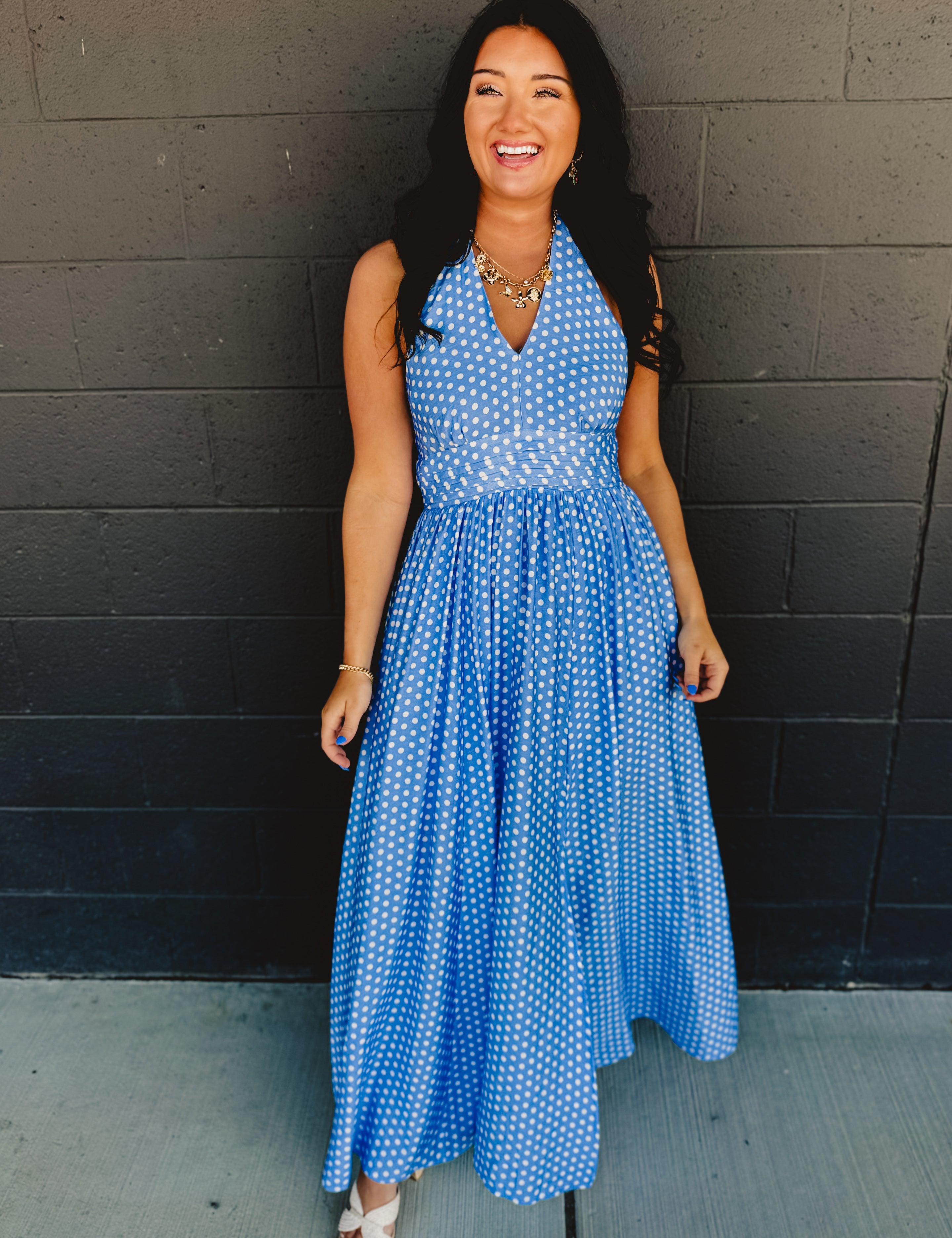 Polka Dot Halter Maxi Dress - Airy Blue - Lace and Grace Boutique