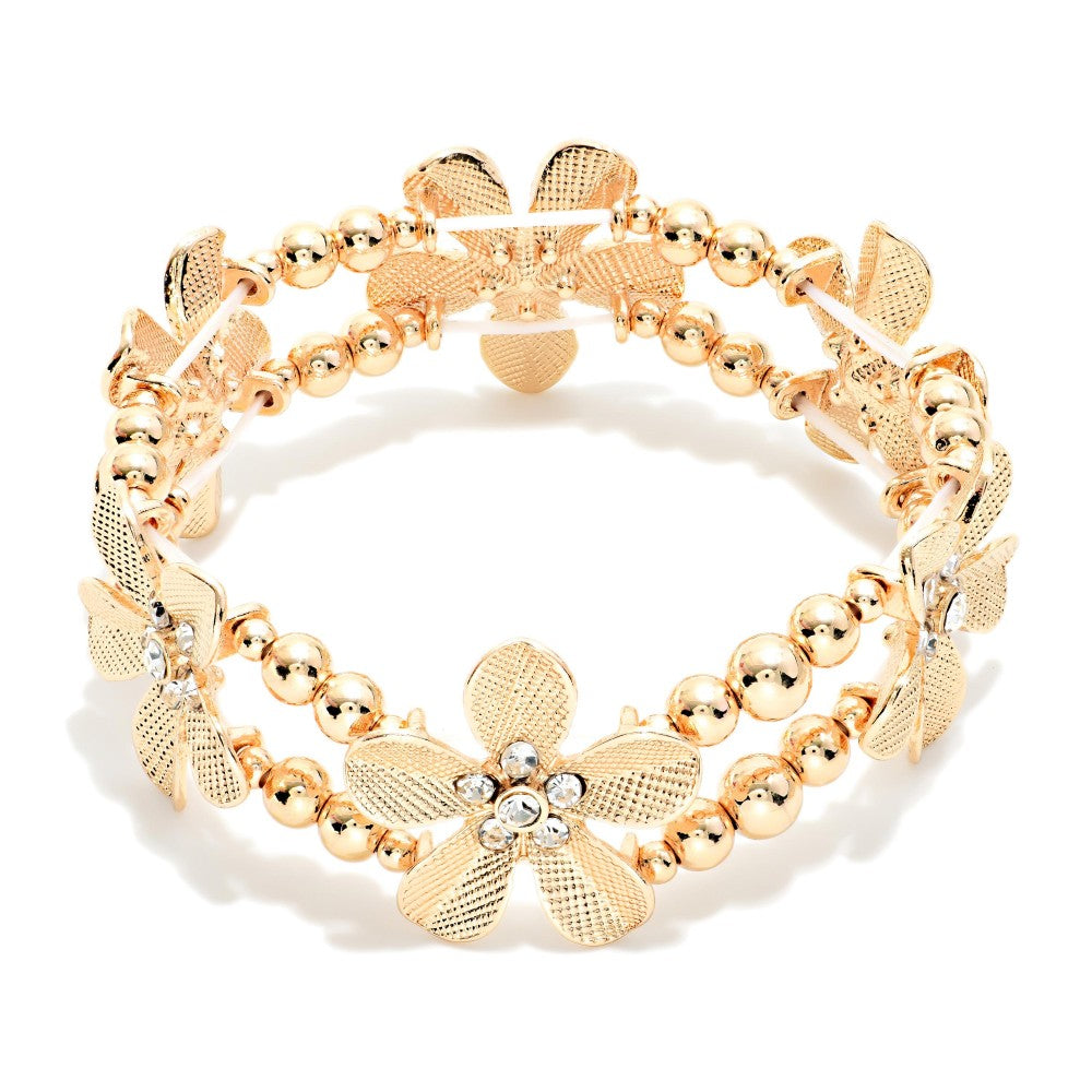 Beaded Rhinestone Flower Bracelet - Gold - Lace and Grace Boutique