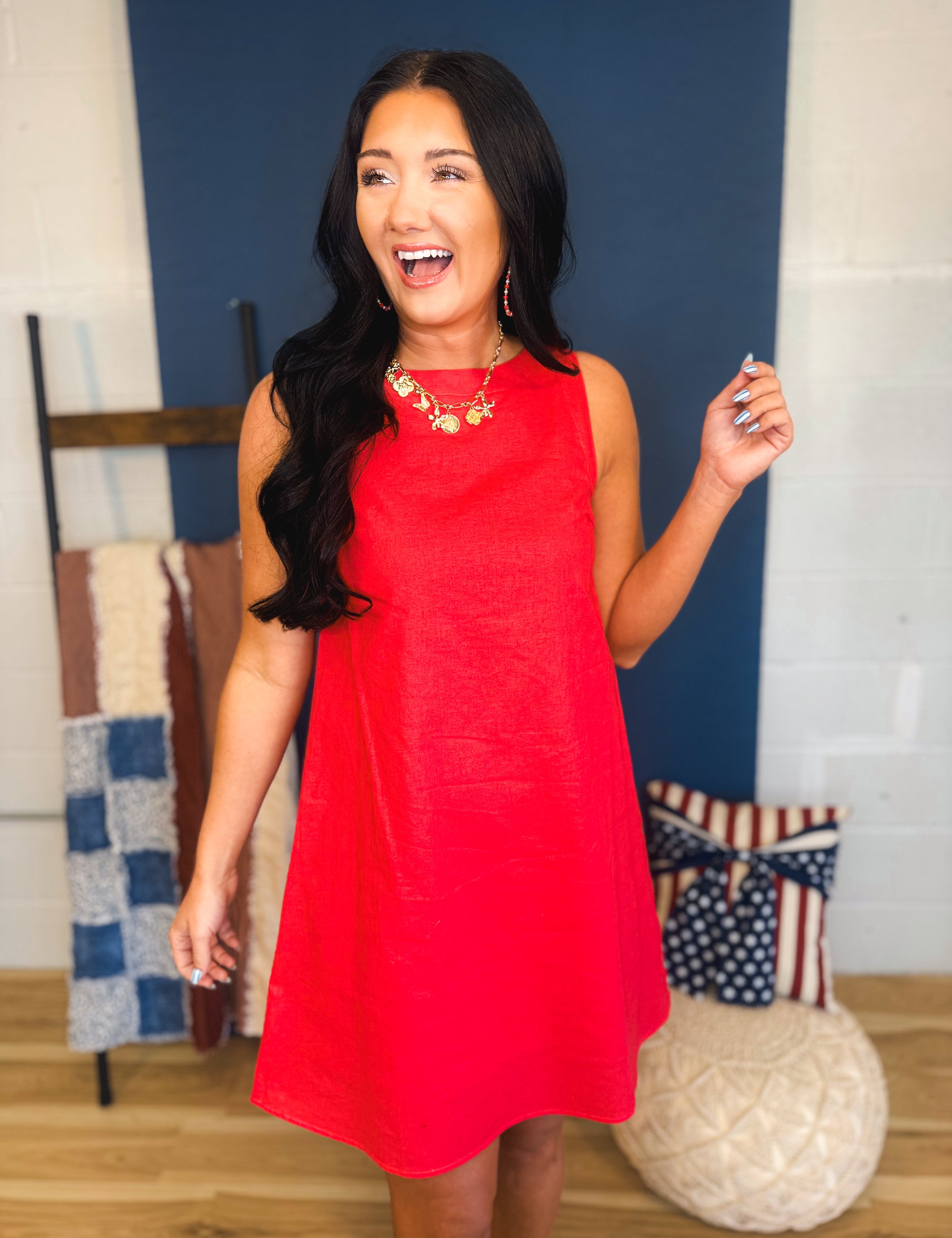 Side Button Detail Mini Dress - Red - Lace and Grace Boutique