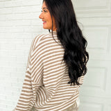 Striped Button Detail Henley Knit Sweater - Mocha/Off White