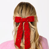 Velvet Rhinestone Studded Bow Clip - Red