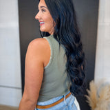 Stitch Detail Ribbed Knit Tank Top - Olive