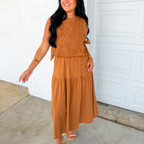 Embroidered Lace Vest & Midi Dress Set - Brown