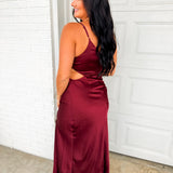 Satin One Shoulder Ruched Maxi Dress - Burgundy