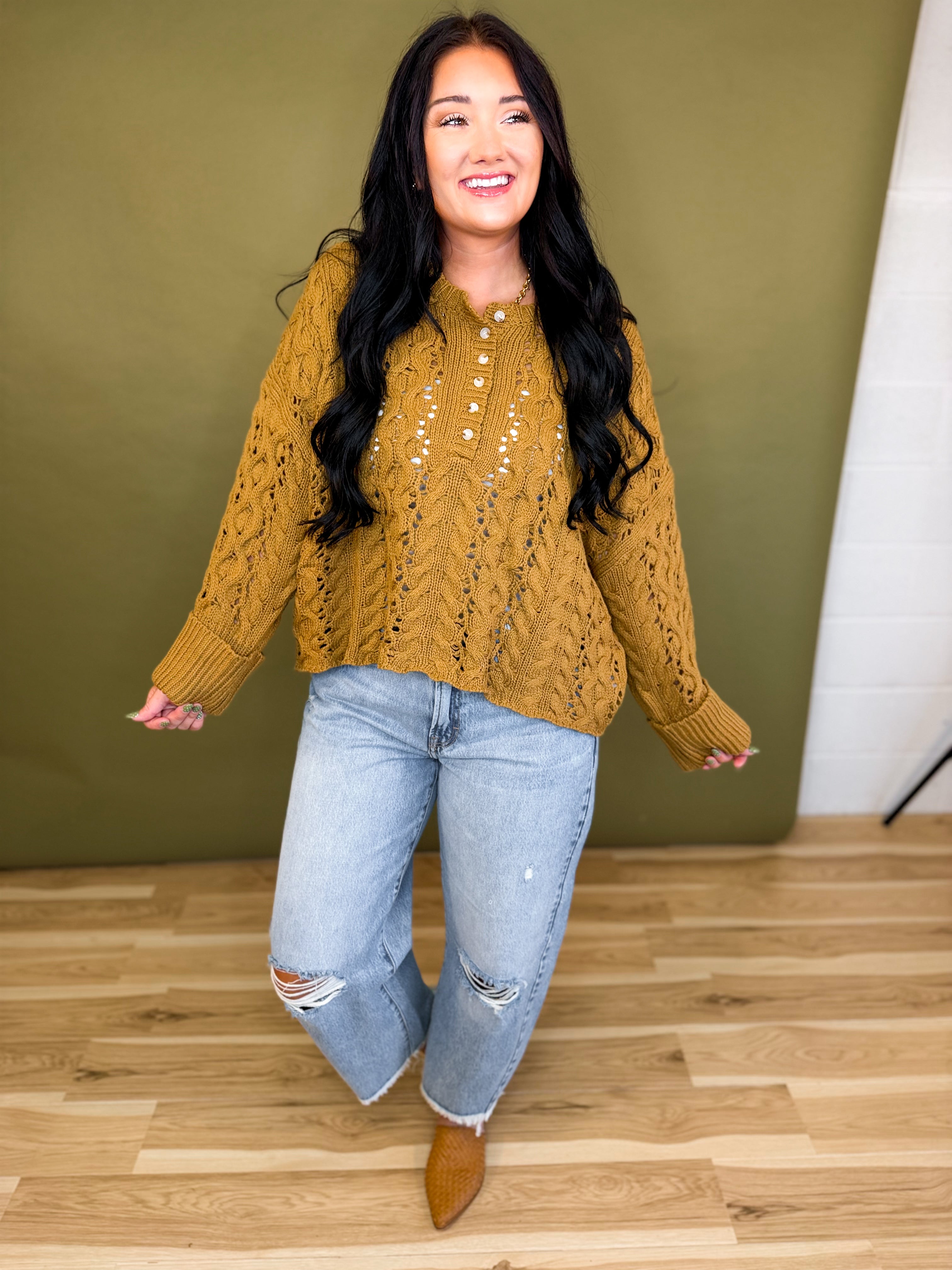 Chunky Cable Knit Henley Sweater - Camel - Lace and Grace Boutique
