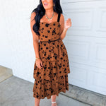 Floral Flocked Tiered Midi Dress - Dark Caramel - Lace and Grace Boutique
