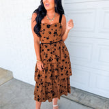 Floral Flocked Tiered Midi Dress - Dark Caramel - Lace and Grace Boutique