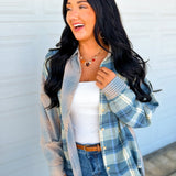 Plaid Patchwork Button Up Flannel Top - Blue Multi
