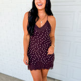 Polka Dot Lace Trim Slip Mini Dress - Fairly Plum