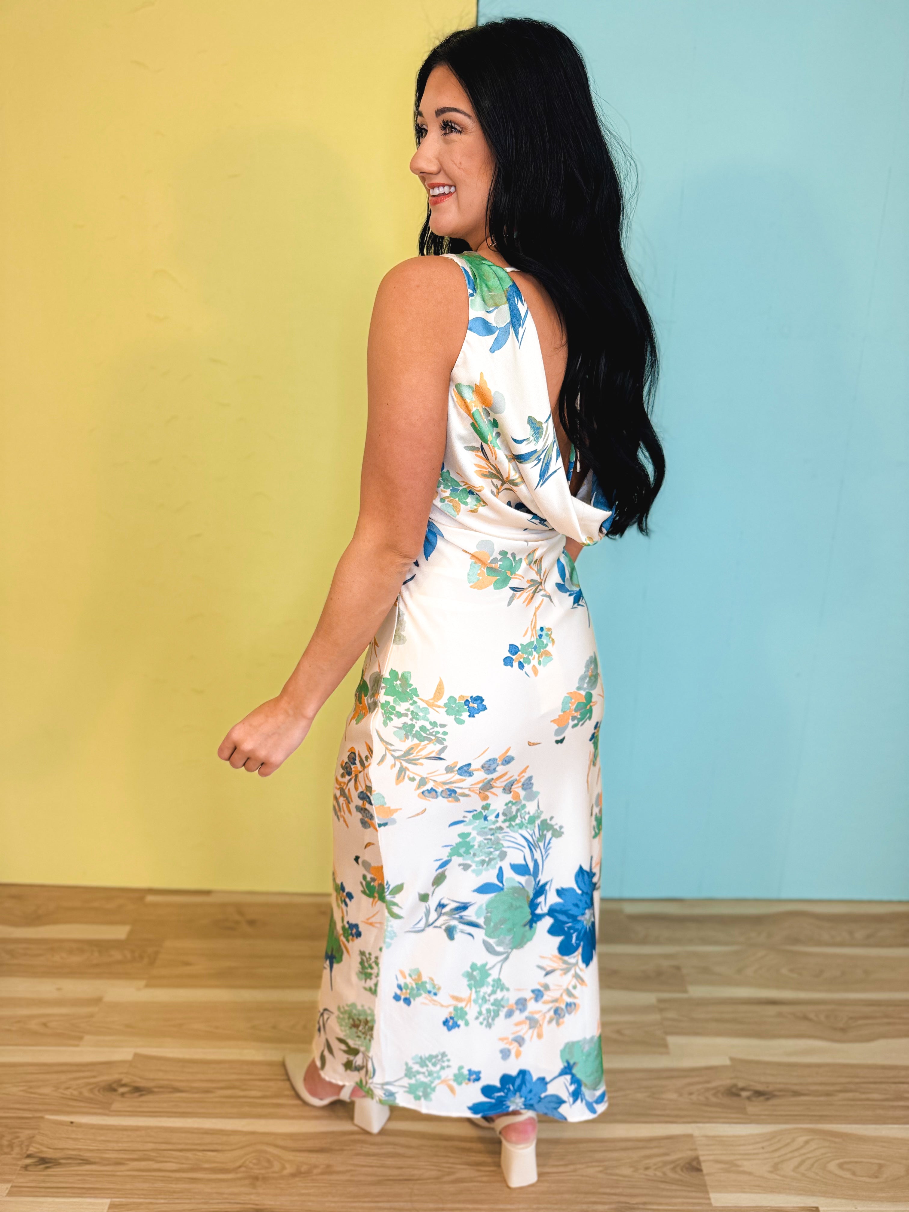 Floral Satin Bias-Cut Cowl Back Maxi Dress - Cream - Lace and Grace Boutique
