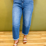 Stretch Denim Cuffed Barrel Leg Jean - Medium - Lace and Grace Boutique