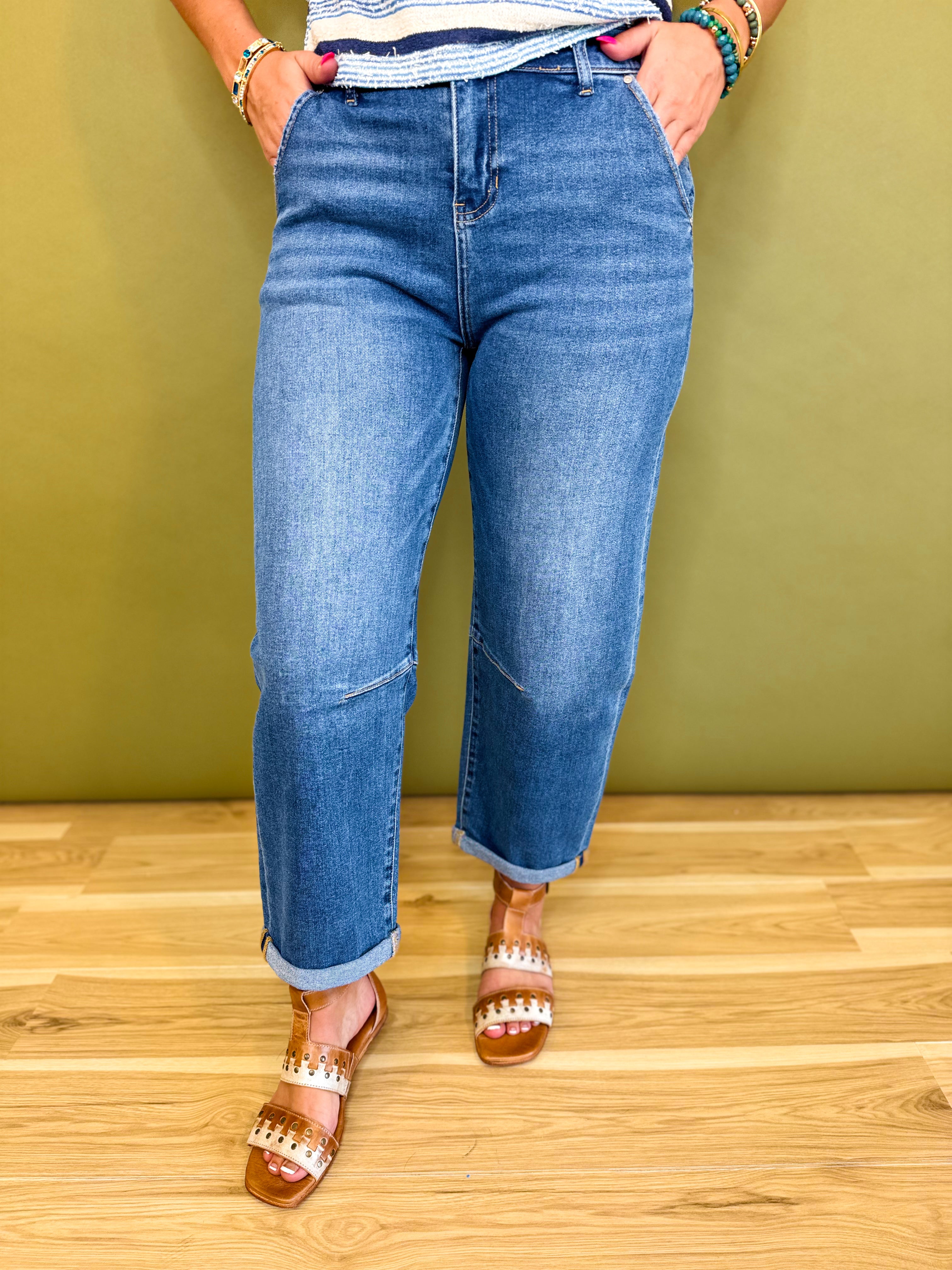 Stretch Denim Cuffed Barrel Leg Jean - Medium - Lace and Grace Boutique