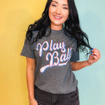 Play Ball Baseball Graphic Tee - Heather Charcoal - Lace and Grace Boutique
