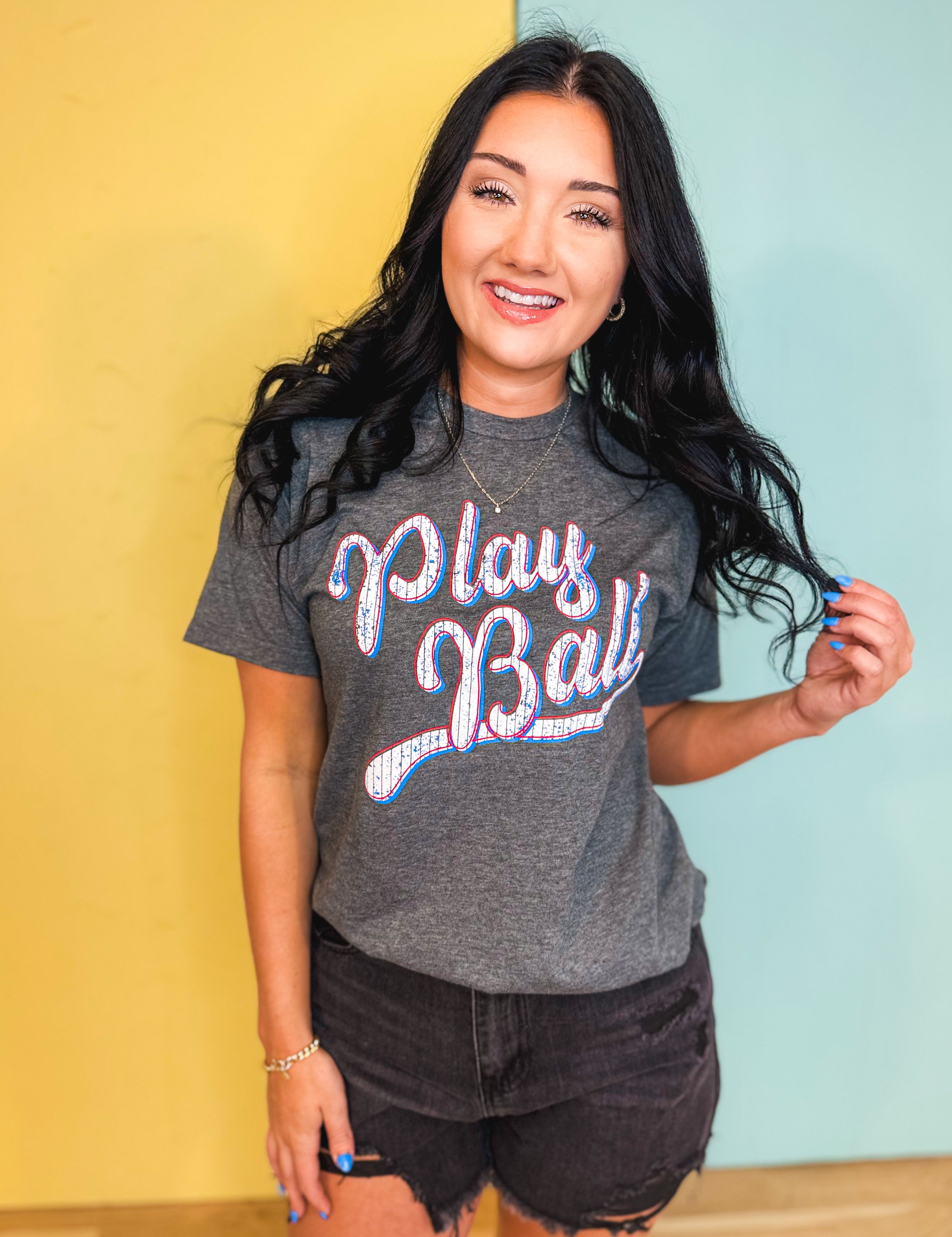 Play Ball Baseball Graphic Tee - Heather Charcoal - Lace and Grace Boutique
