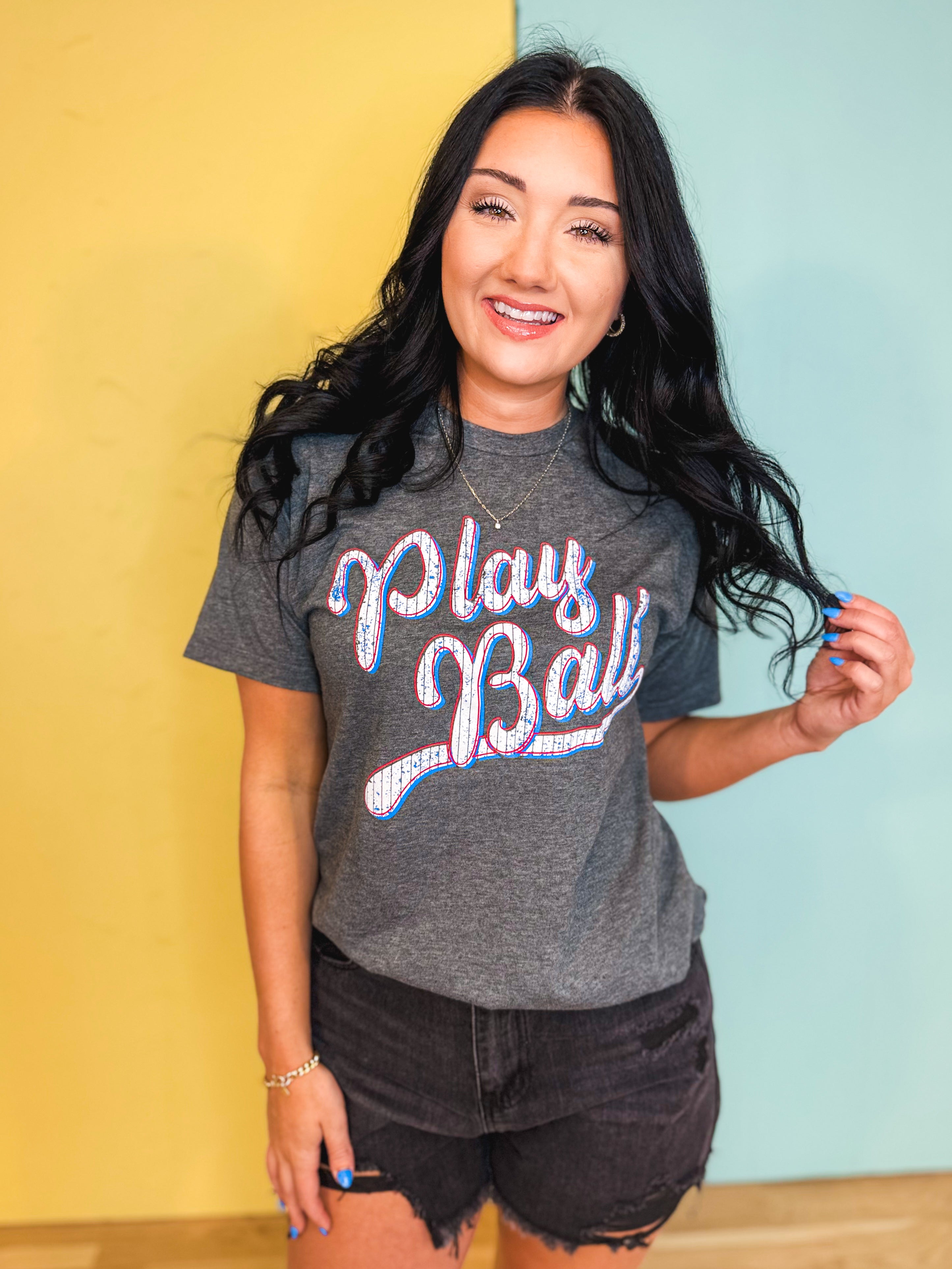 Play Ball Baseball Graphic Tee - Heather Charcoal - Lace and Grace Boutique