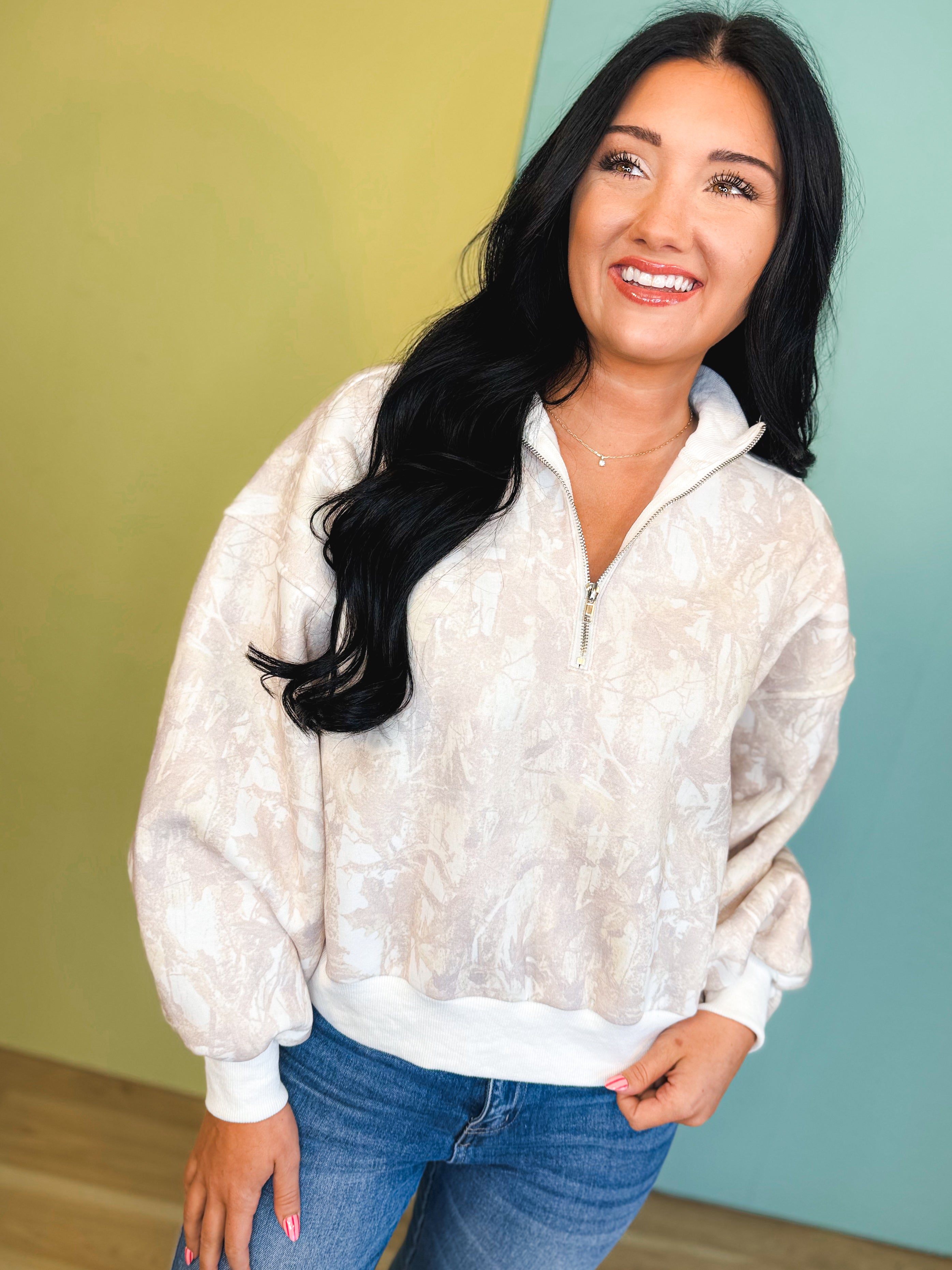 Camo Half Zip Collared Pullover - Lace and Grace Boutique