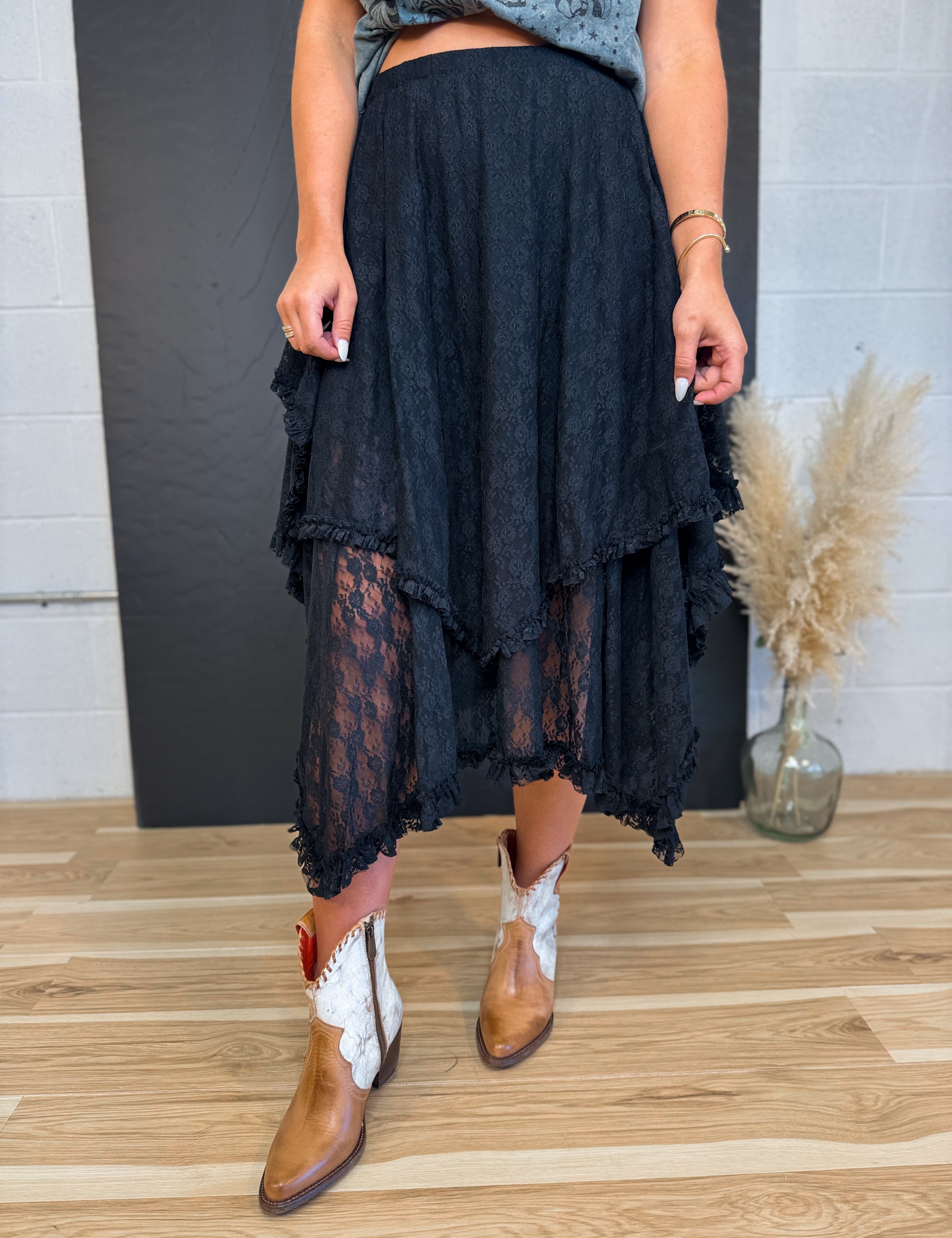 Lace Tier Midi Skirt - Black - Lace and Grace Boutique